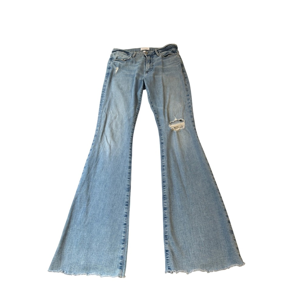 FRAME Le High Flare Jeans 28 Light Wash Distressed Raw Hem High Rise
